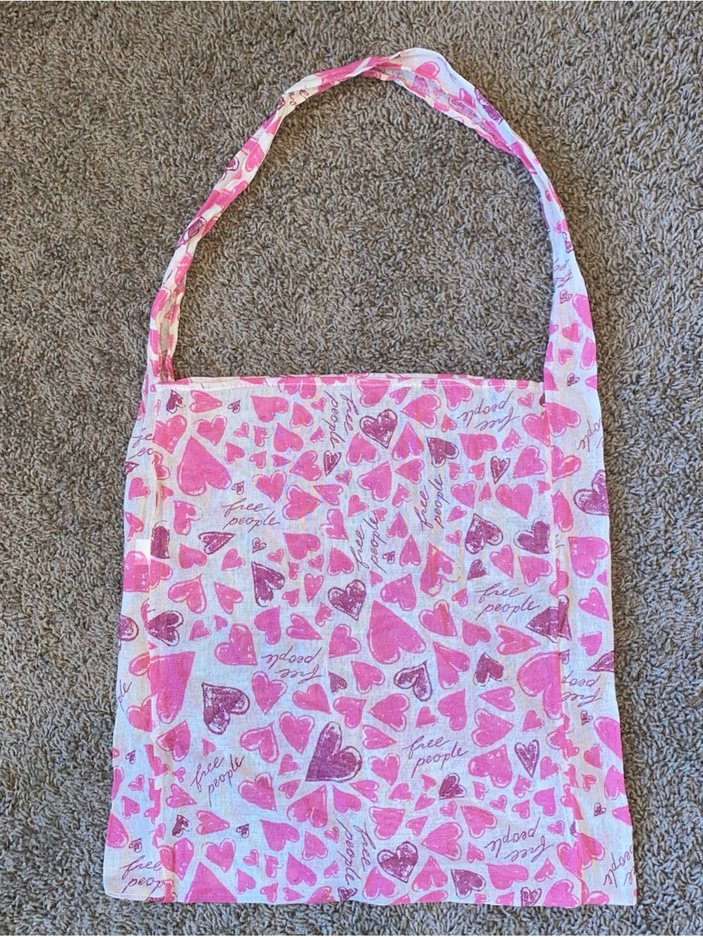 Free People Pink Heart Print Reusable Guaze Lightweight Canvas Tote Bag Boho